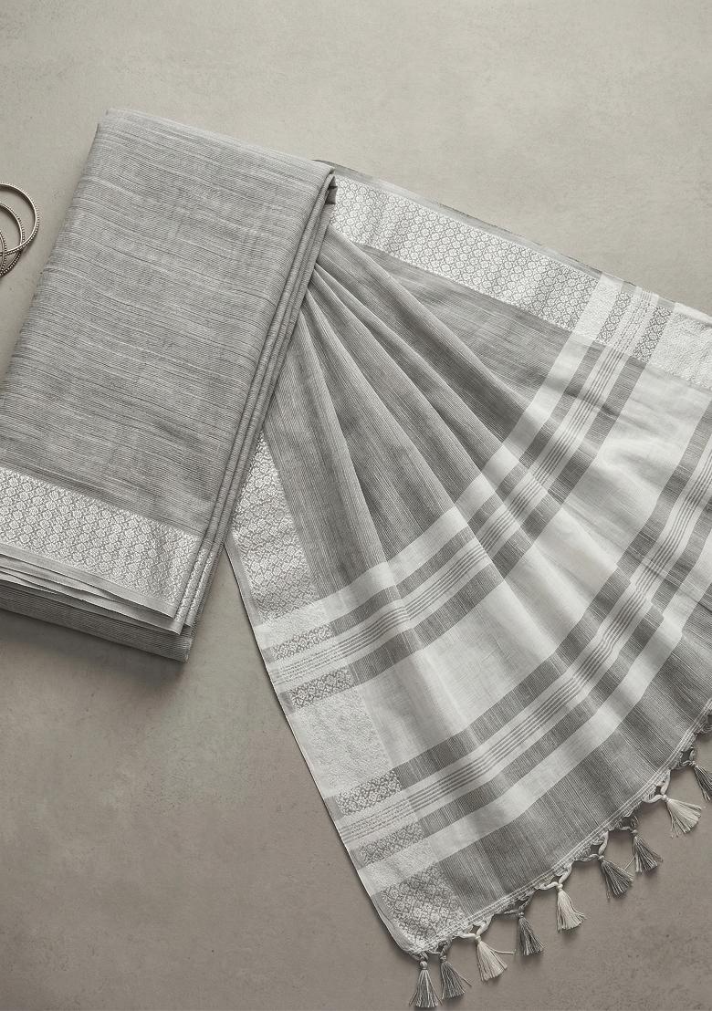 Grey Zari Work Cotton Saree Set - Indya