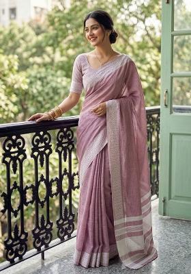 Blue Zari Work Cotton Saree Set