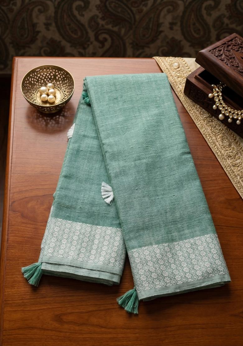 Sea Green Zari Work Cotton Saree Set - Indya