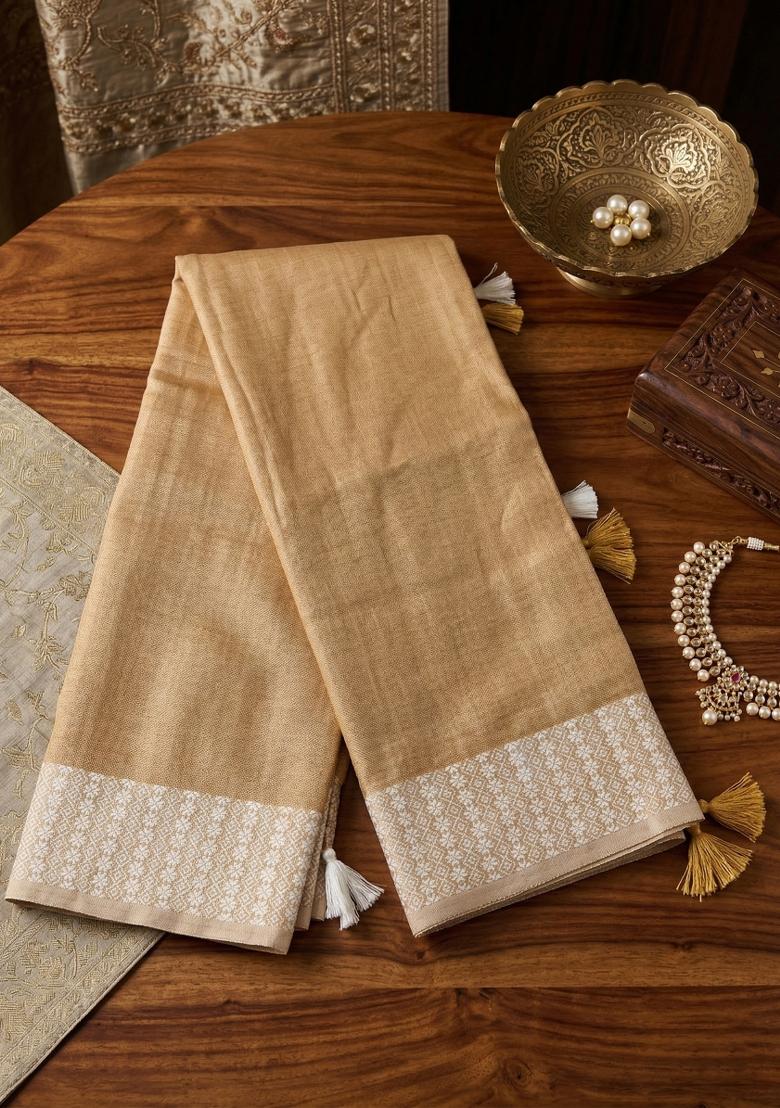 Beige Zari Work Cotton Saree Set - Indya