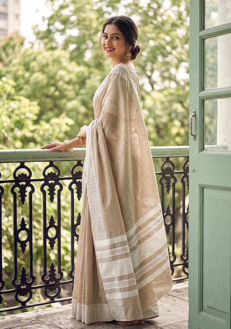 Brown Zari Work Cotton Saree Set - Indya