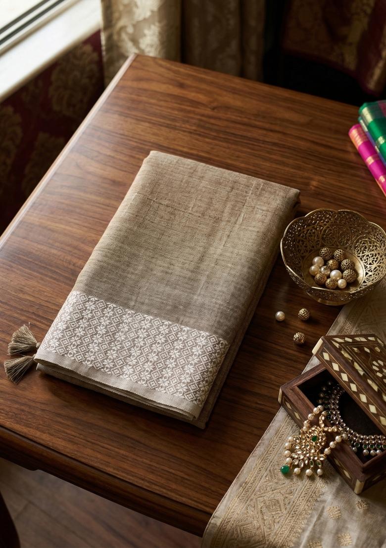 Brown Zari Work Cotton Saree Set - Indya