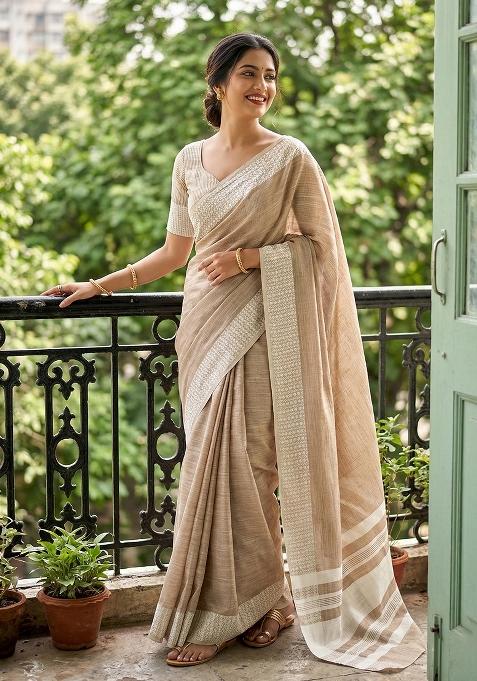 Brown Zari Work Cotton Saree Set