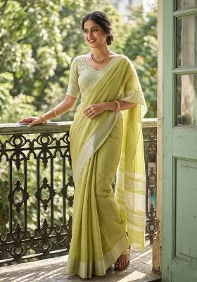 Pista Green Zari Work Cotton Saree Set