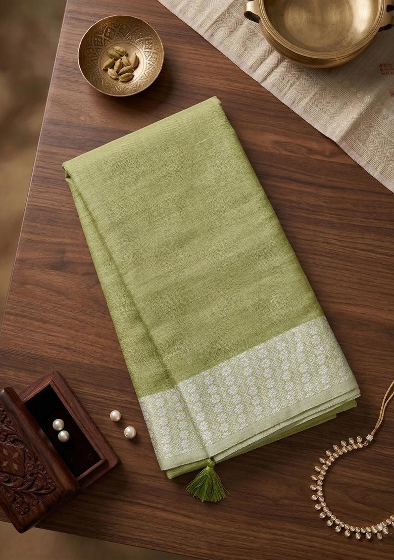 Pista Green Zari Work Cotton Saree Set - Indya