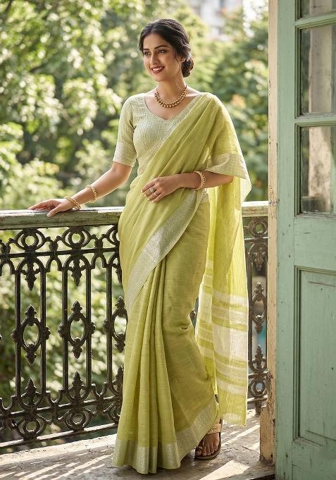 Pista Green Zari Work Cotton Saree Set