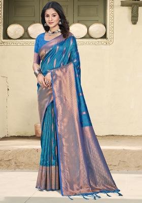 Blue Zari Work Banarasi Saree Set