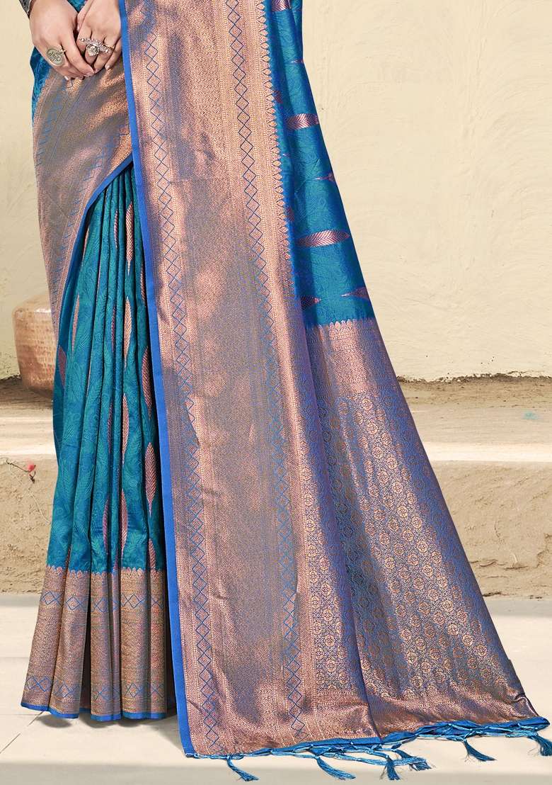 Blue Banarasi Saree Set with Zari Work for Diwali | Wedding & Festive Wear - Indya