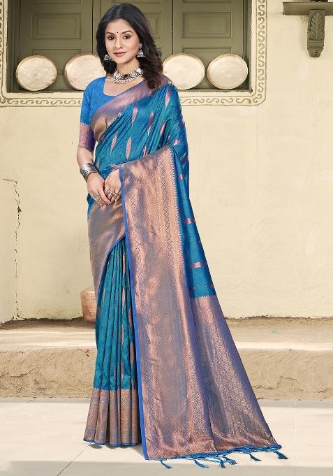 Blue Zari Work Banarasi Saree Set