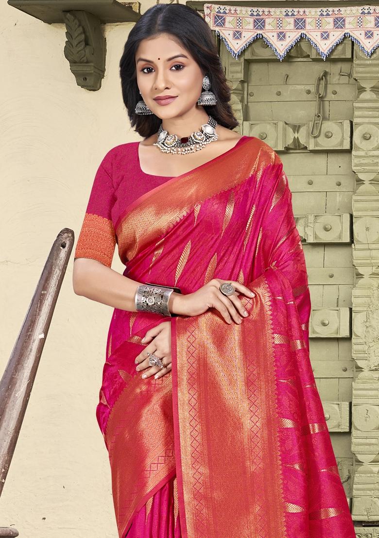 Magenta Zari Work Banarasi Saree Set - Indya