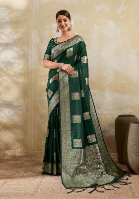 Dark Green Zari Work Banarasi Saree Set