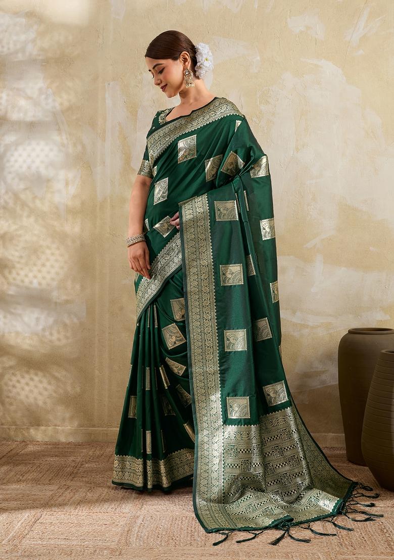 Dark Green Zari Work Banarasi Saree Set - Indya