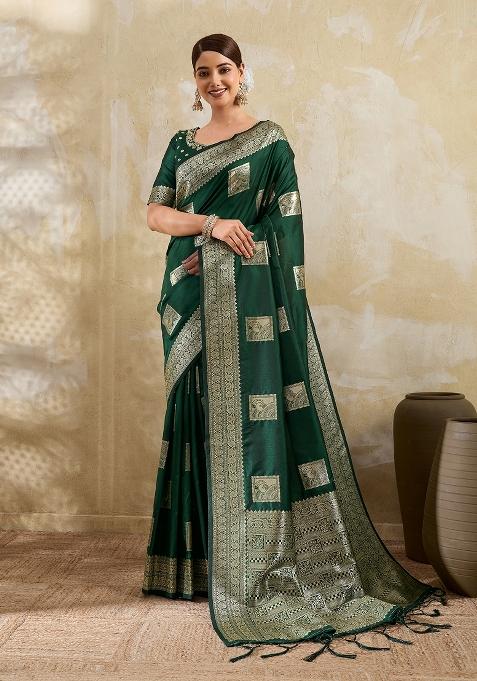 Dark Green Zari Work Banarasi Saree Set