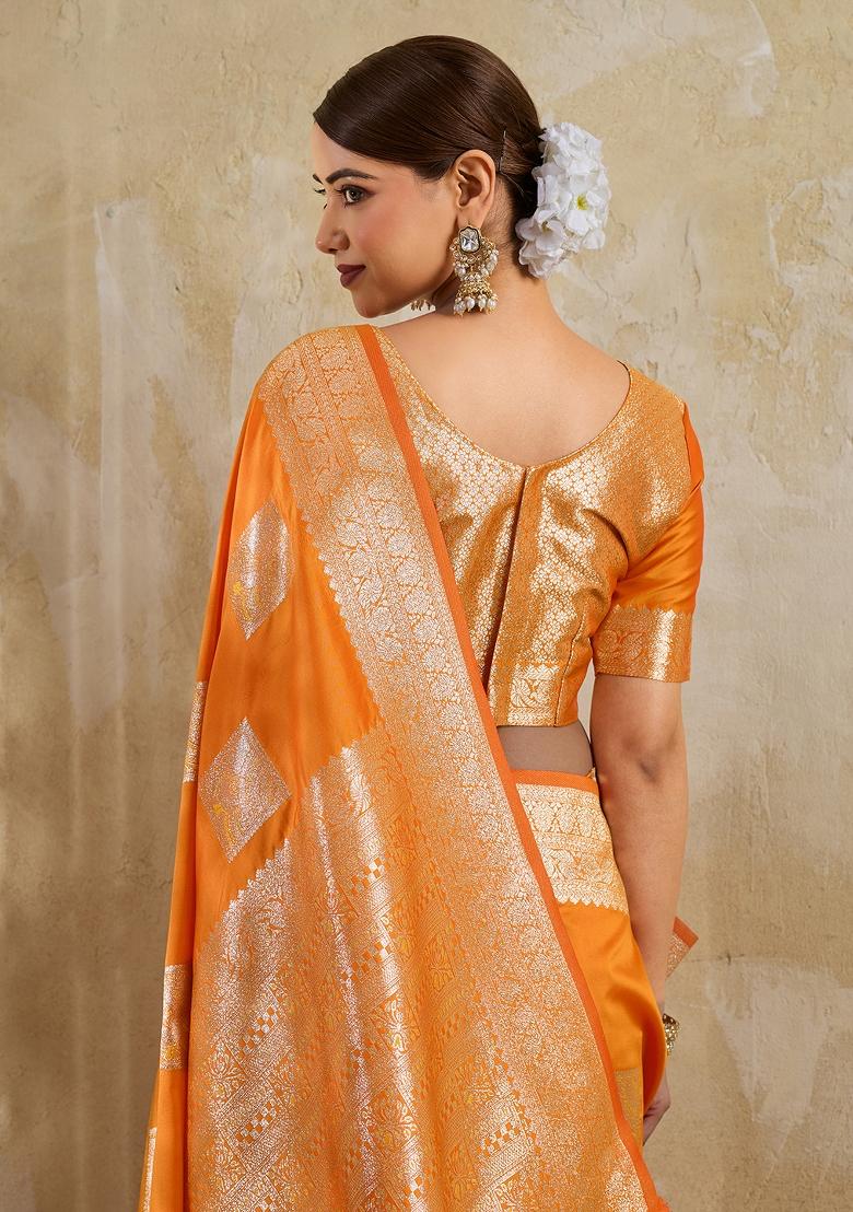Orange Zari Work Banarasi Saree Set - Indya