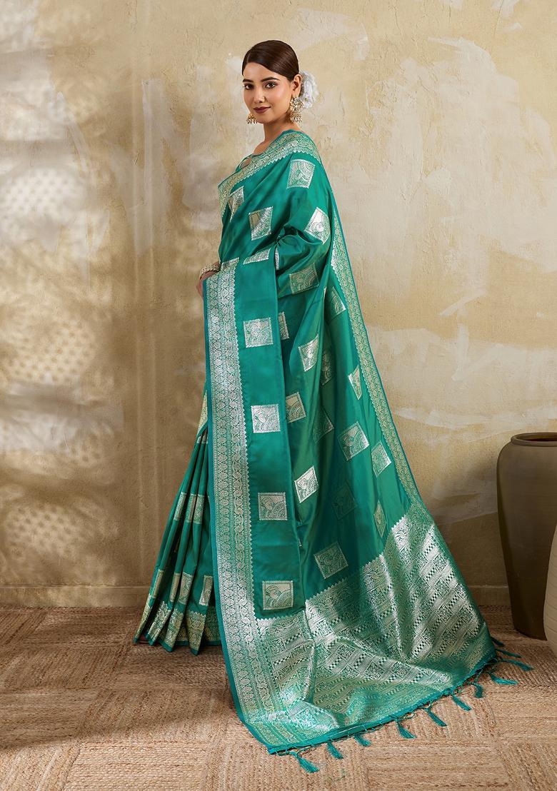 Sea Green Zari Work Banarasi Saree Set - Indya