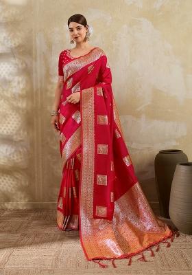 Red Zari Work Banarasi Saree Set