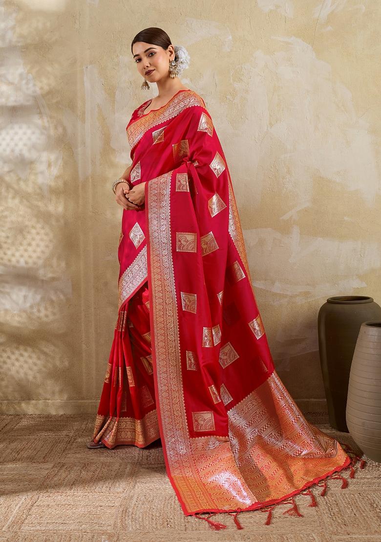 Red Zari Work Banarasi Saree Set - Indya