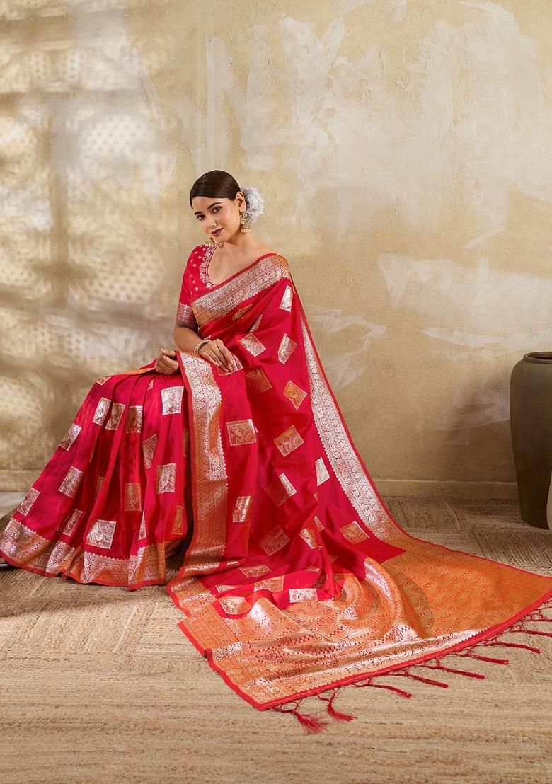 Red Zari Work Banarasi Saree Set - Indya