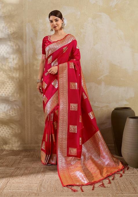 Red Zari Work Banarasi Saree Set