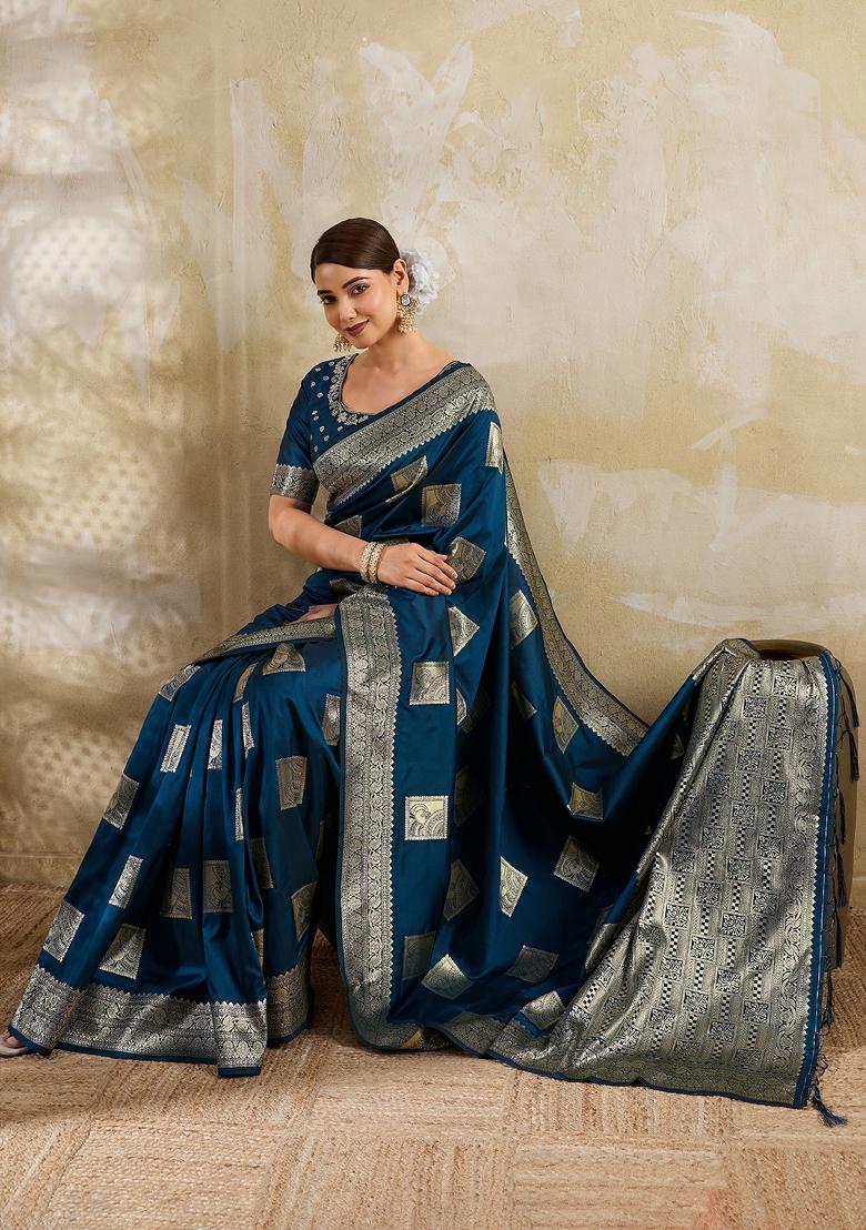 Teal Blue Zari Work Banarasi Saree Set - Indya