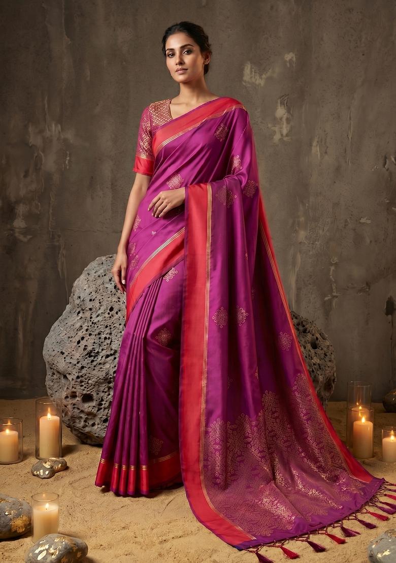 Magenta Zari Work Silk Blend Saree Set - Indya