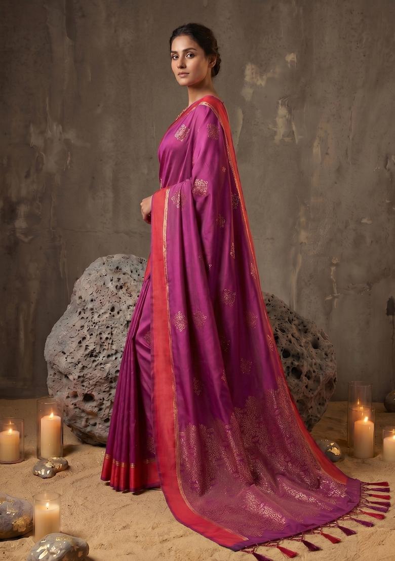 Magenta Zari Work Silk Blend Saree Set - Indya