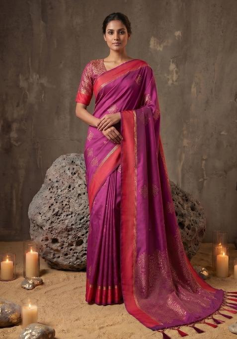 Magenta Zari Work Silk Saree Set