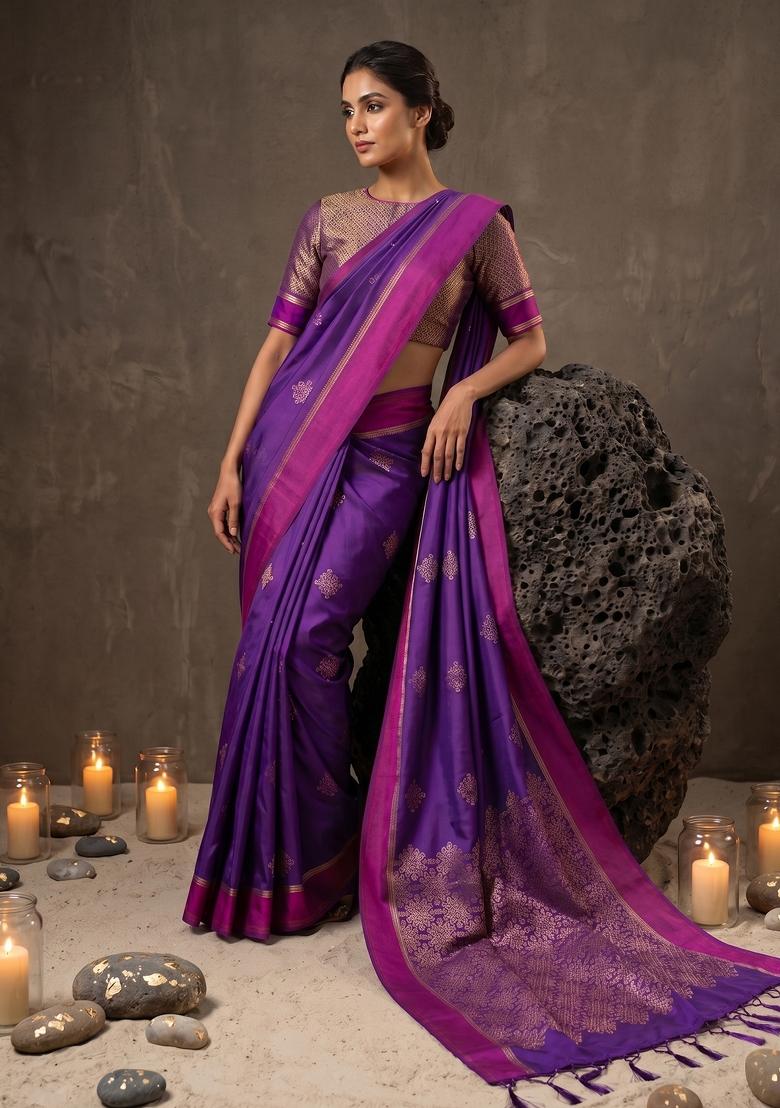 Violet Zari Work Silk Blend Saree Set - Indya