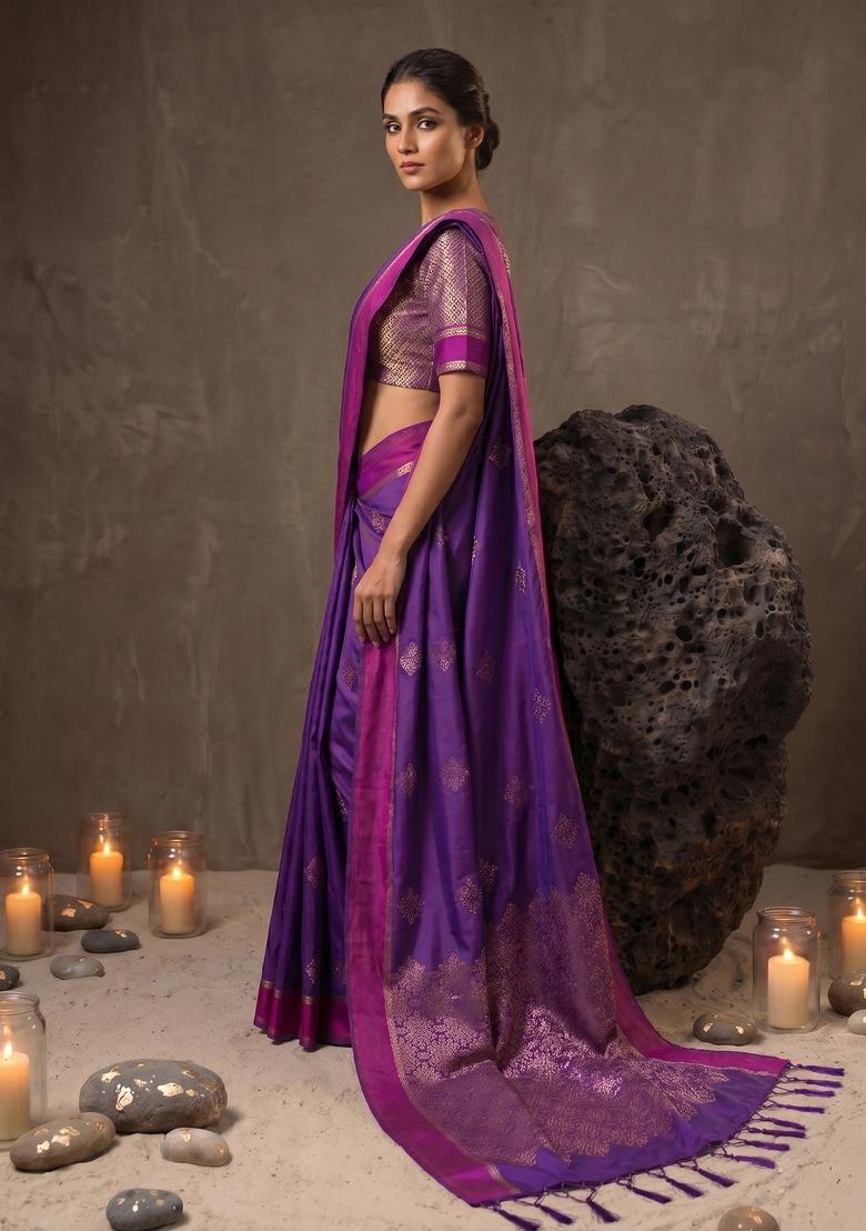 Violet Zari Work Silk Blend Saree Set - Indya