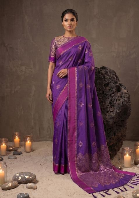 Violet Zari Work Silk Blend Saree Set