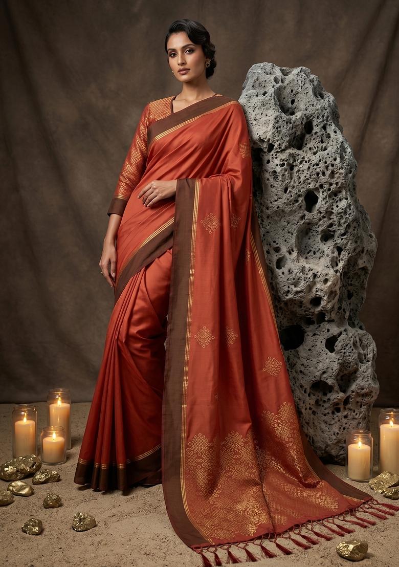 Rust Zari Work Silk Blend Saree Set - Indya