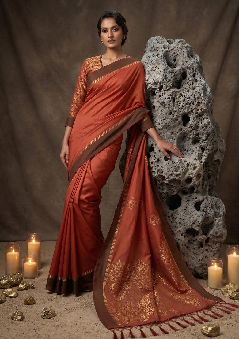 Rust Zari Work Silk Blend Saree Set - Indya