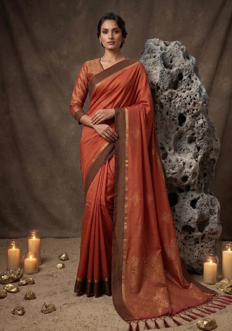 Rust Zari Work Silk Blend Saree Set