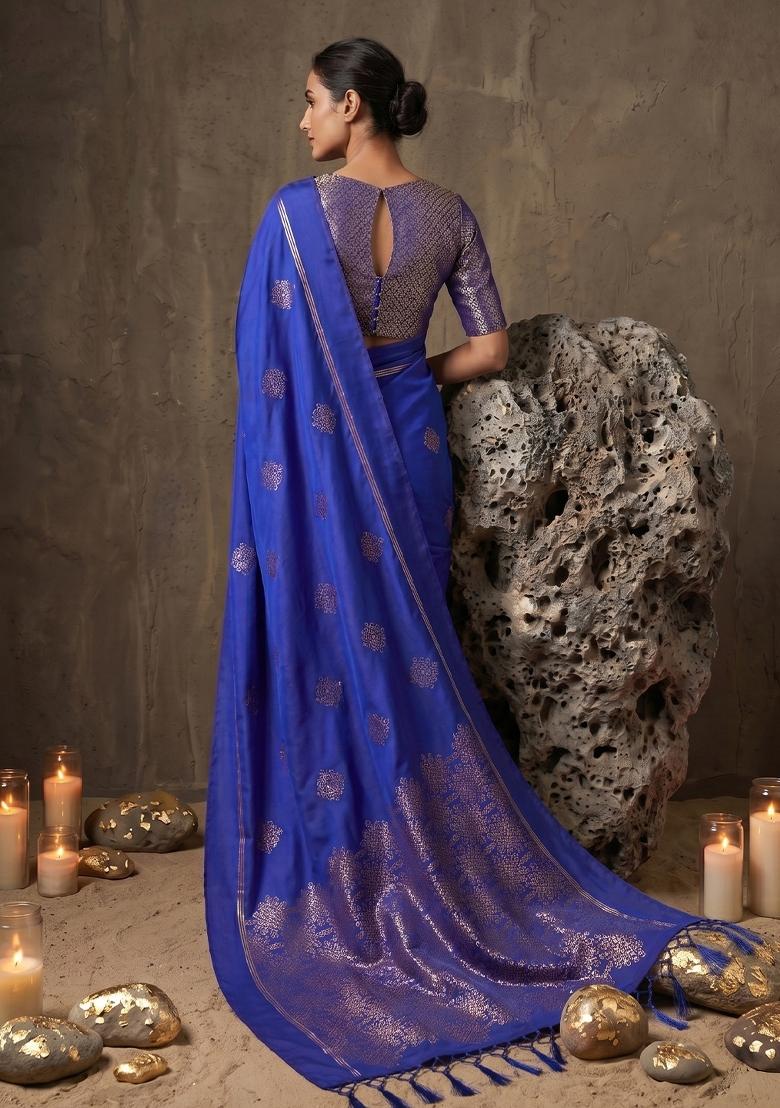 Royal Blue Zari Work Silk Blend Saree Set - Indya