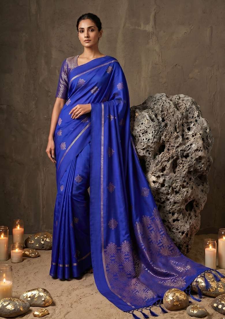 Royal Blue Zari Work Silk Blend Saree Set for Diwali and Festive Wear - Indya