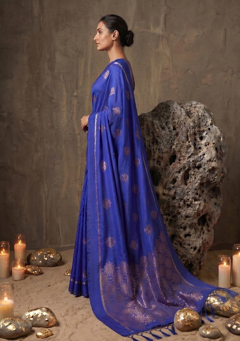 Royal Blue Zari Work Silk Blend Saree Set - Indya