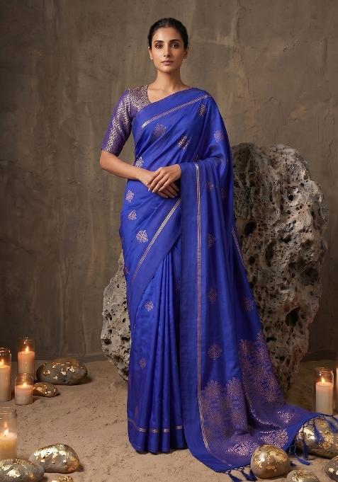 Royal Blue Zari Work Silk Saree Set