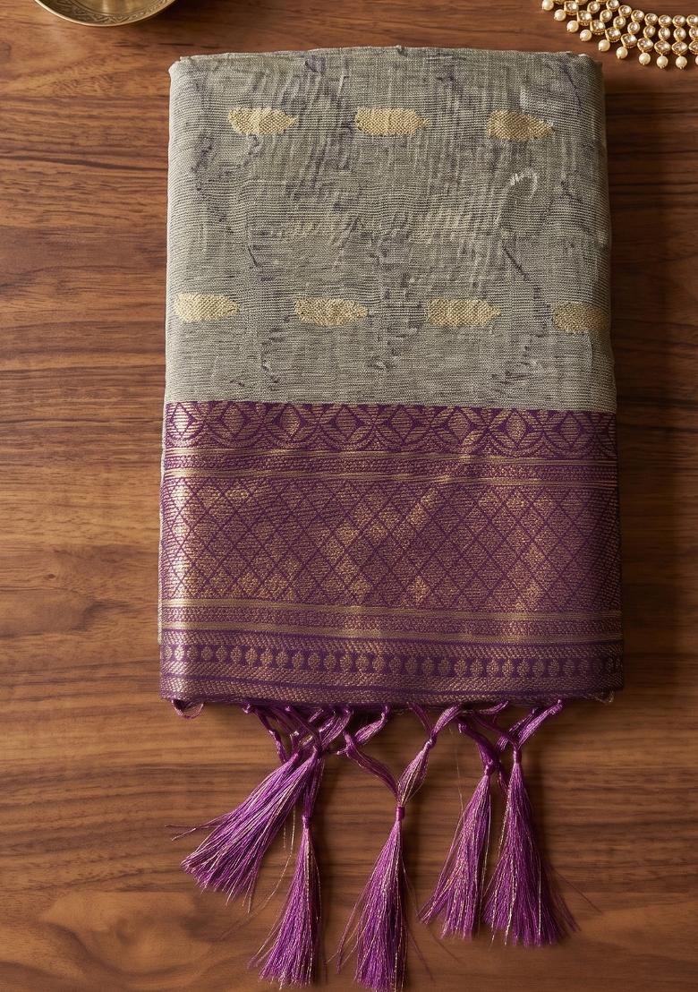 Beige And Purple Zari Work Cotton Saree Set - Indya
