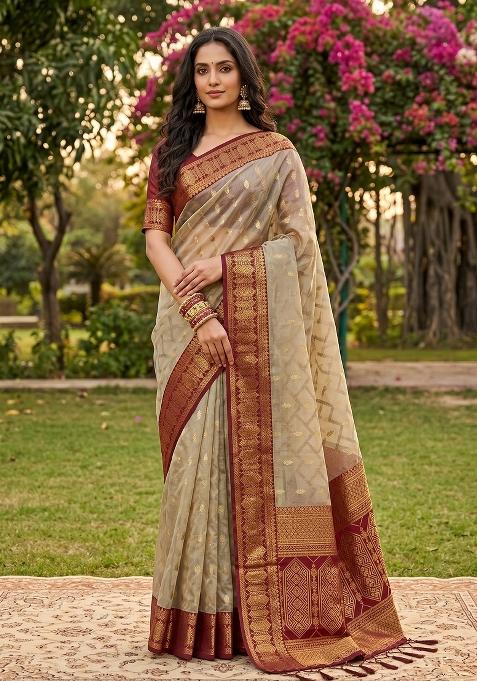 Beige And Maroon Zari Work Cotton Saree Set