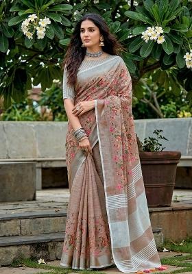 Brown Embroidered Cotton Saree Set
