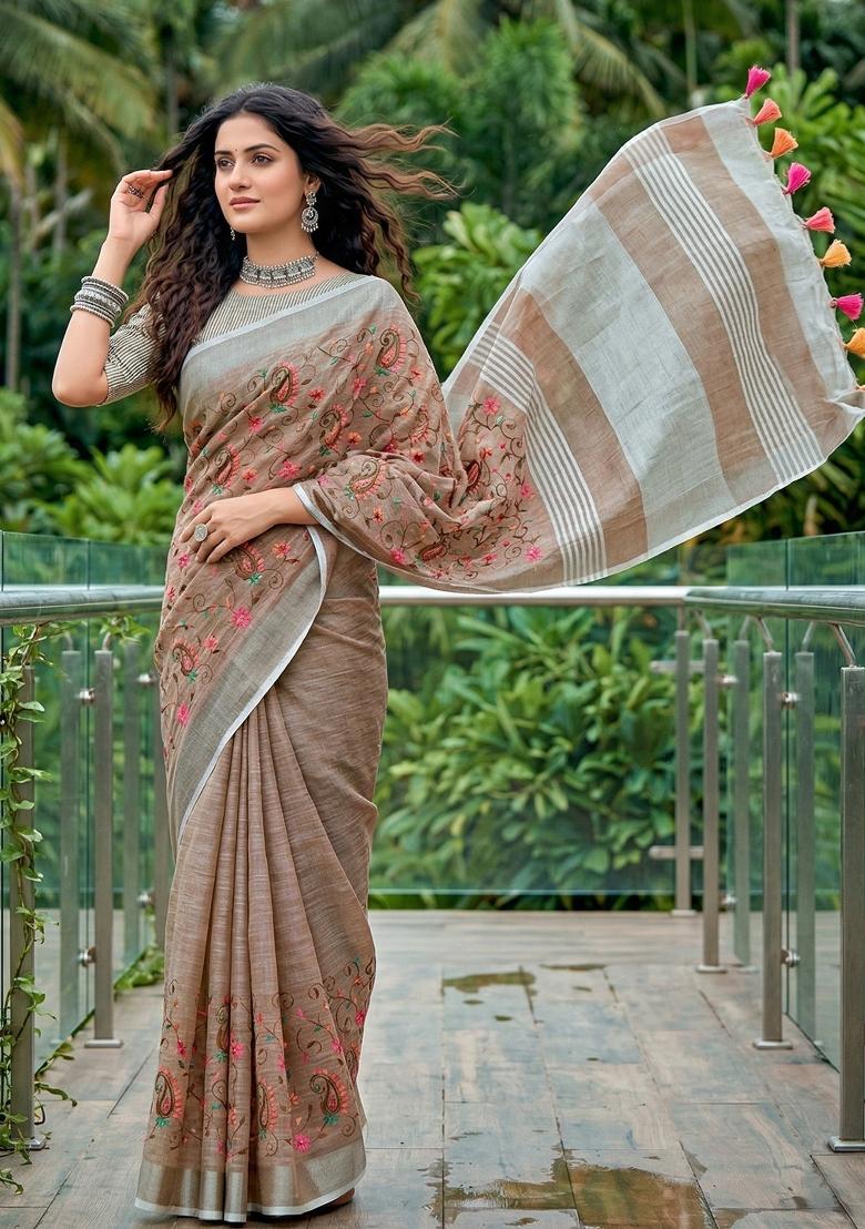 Brown Embroidered Cotton Saree Set - Indya
