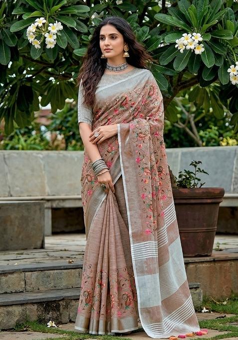 Brown Embroidered Cotton Saree Set