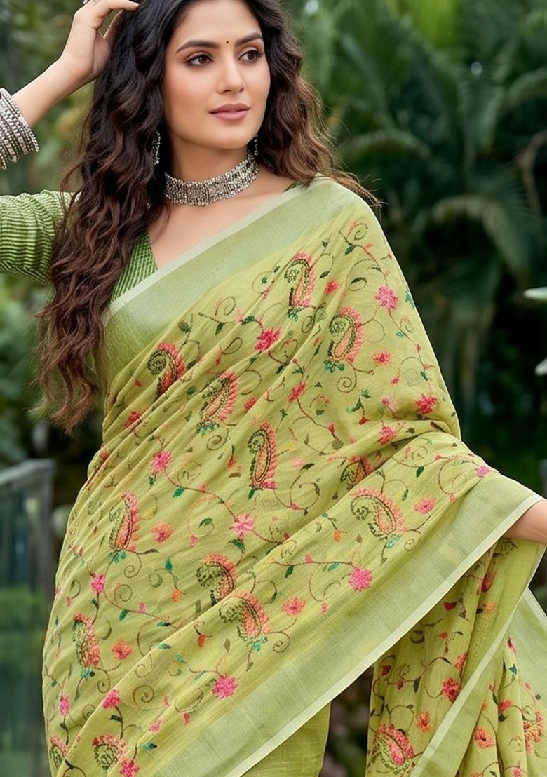 Light Green Embroidered Cotton Saree Set - Indya