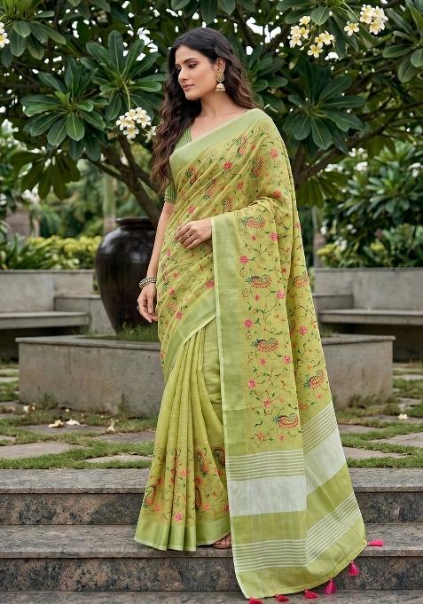 Light Green Embroidered Cotton Saree Set