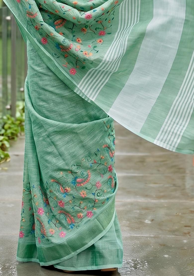 Sea Green Embroidered Cotton Saree Set - Indya