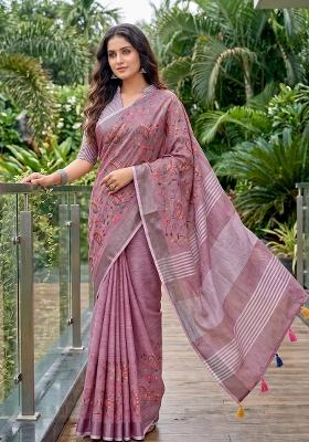 Purple Embroidered Cotton Saree Set