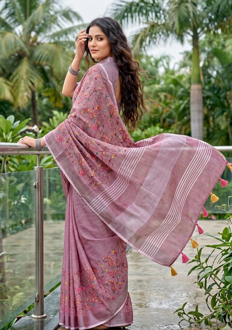 Purple Embroidered Cotton Saree Set - Indya