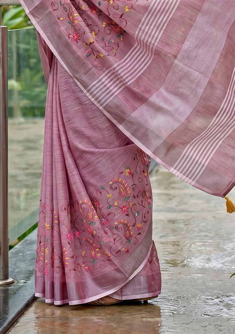 Purple Embroidered Cotton Saree Set - Indya