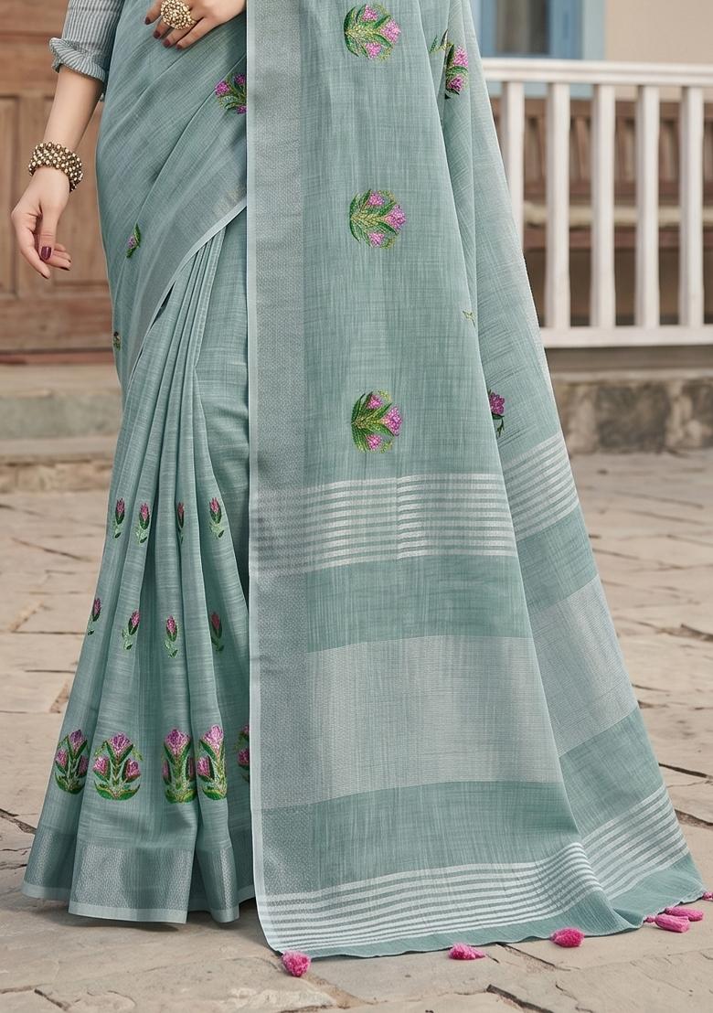 Sea Green Embroidered Cotton Saree Set - Indya