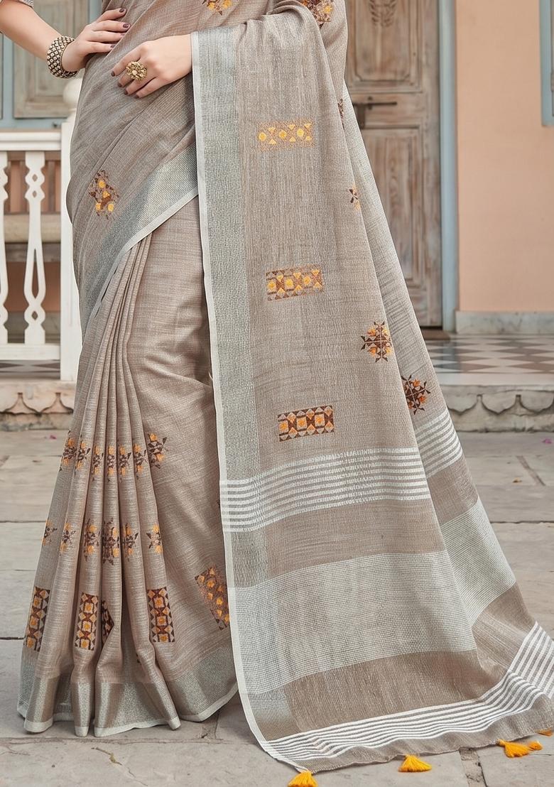 Brown Embroidered Cotton Saree Set - Indya